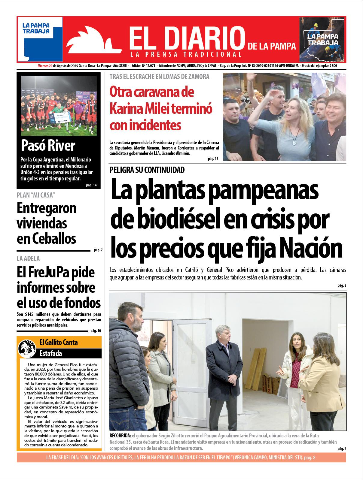 Tapa de El Diario en papel  viernes 29 de agosto de 2025